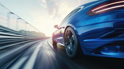 Obraz premium Blue car at high speed along the highway, AI generated image