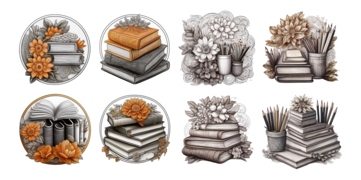 Elegant Illustrations of Books with Floral Elements