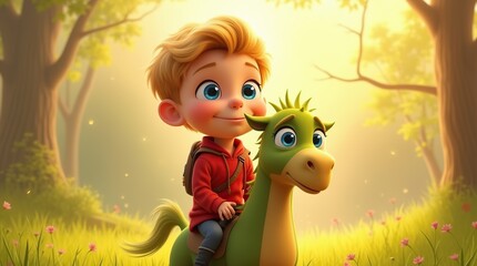Adventurous Young Boy Riding a Friendly Dragon in Enchanting Forest Scene