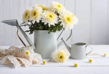 Fototapeta premium A close-up photo of a white cup filled with chrysanthemum flowers with a watering can and light garland in the background