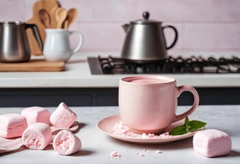 Fototapeta premium A pink ceramic mug filled with tea on a kitchen table with homemade marshmallows next to it