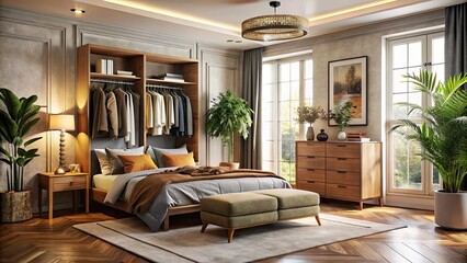 Fototapeta premium Stylish Wardrobe and Chest of Drawers in a Cozy Bedroom Setting with Natural Light, Modern Decor, and Textured Fabrics for Home Interior Inspiration