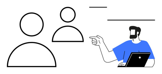 Business person pointing at user icons with laptop. Ideal for HR management, team collaboration, user engagement, digital communication, online meetings, project planning, virtual teamwork concepts