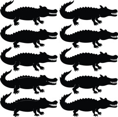 Silhouette Alligators Pattern: Black & White Reptile Illustration, Wildlife Animal Design, Vector Graphic, Nature Theme, Crocodile Art