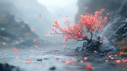 A Pink Tree Blooms Beside a Rusted Mechanical Relic