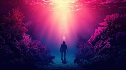 Fototapeta premium Diver readying to explore a vivid coral reef, sunlight piercing the water above, bold and inspired, anticipation, expectation, ambition