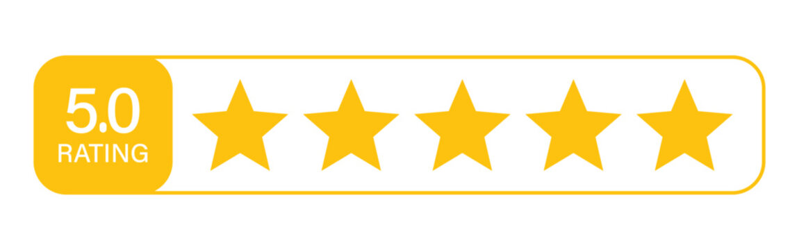 5 star icon. symbol of customers rating for product or service. yellow five star sign with text for app, website, ui design element. transparent png and vector illustration.