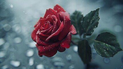 A single red rose with water droplets, placed on a white background