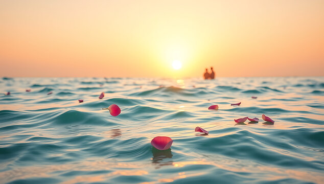 A serene depiction of an ocean scattering ceremony, with rose petals floating on gentle waves and the setting sun casting golden reflections on the water. Perfect for memorial and farewell themes.
