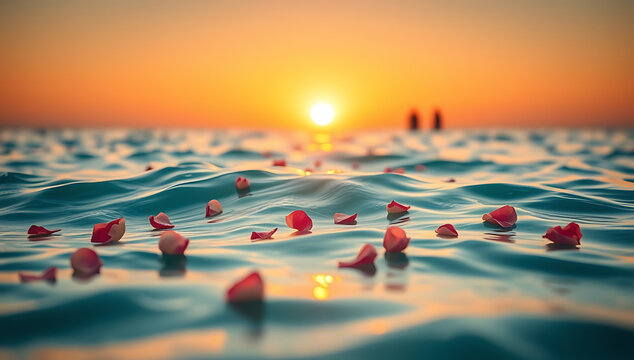A serene depiction of an ocean scattering ceremony, with rose petals floating on gentle waves and the setting sun casting golden reflections on the water. Perfect for memorial and farewell themes.
