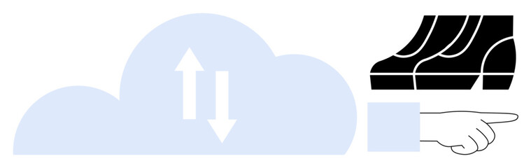 Cloud with up and down arrows, two computers, hand pointing. Ideal for technology, internet, data transfer, cloud services, communication connectivity remote work. Abstract line flat metaphor