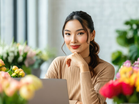 woman working with laptop in room with flower main or side job 