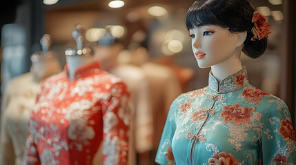 Obraz premium Elegant mannequins display traditional dresses in stylish boutique