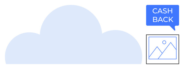 Large cloud in light blue, photo icon with mountains and sun, cash back speech bubble sign. Ideal for cloud storage, photo saving, online rewards, digital imaging, technology services, cloud savings