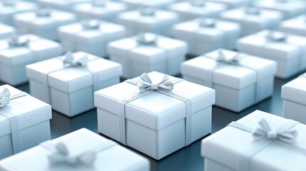 Obraz premium Rows of neatly arranged white gift boxes with ribbons, creating an elegant and festive atmosphere.