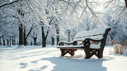 A snow-covered park bench sits serenely in a winter wonderland, sunlight illuminating the scene.