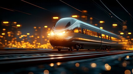 A sleek, modern train speeds through a glowing cityscape, symbolizing advanced transportation and urban connectivity.