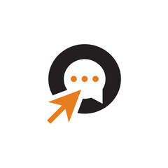 A black circle encloses a white speech bubble with three dots. An orange arrow, resembling a mouse cursor, points towards the speech bubble.