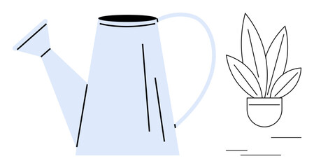 Light blue watering can with handle and spout, minimalist potted plant with three leaves. Ideal for gardening, growth, nurturing, minimalism, environment, care sustainability. Simple abstract line