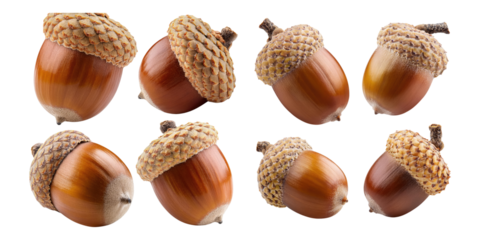 Acorns with Unique Caps on Transparent Background