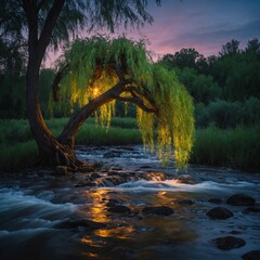 Fototapeta premium A mystical willow tree with glowing leaves near a flowing stream at twilight.