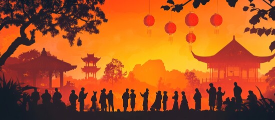Silhouetted figures gather at sunset near Asian temples and lanterns.