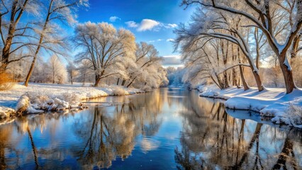 Obraz premium Winter Serenity at Codorus Creek, York County, Pennsylvania - Scenic Landscape, Snowy Riverbanks, Nature's Beauty, Winter Wonderland, Tranquil Waters, Scenic Views, Outdoor Photography