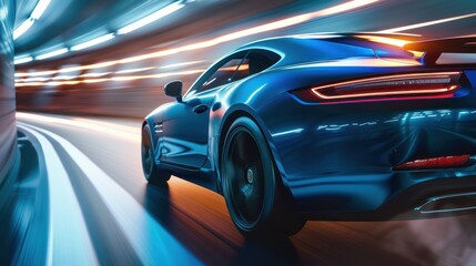 Fototapeta premium Blue car at high speed along the highway, AI generated image