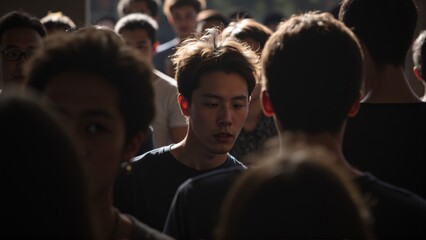 Crowd of people with one highlighted individual standing out, symbolizing the importance of individuality and standing tall amidst a sea of similarities.