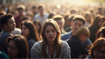 Obraz premium Crowd of people with one highlighted individual standing out, symbolizing the importance of individuality and standing tall amidst a sea of similarities.