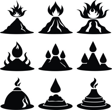 set of 9 consistent volcano fire diffuser black silhouette vector