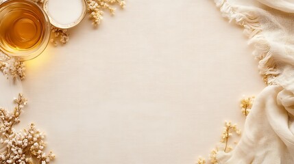 Beige background with tea milk and flowers