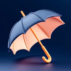 Stylish umbrella with a blue canopy and orange handle, set against a dark blue background, emphasizing modern design.