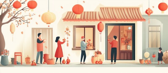 Festive street scene of people decorating for a holiday with lanterns and flowers.