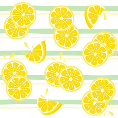 Fresh tropical fruits, lemon. Seamless fruit background for fabric and printing. Children's drawing, cartoon style on a striped background