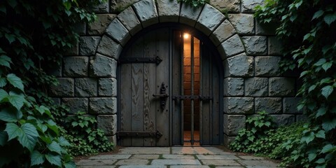 A Mysterious, Ancient Wooden Doorway Concealed Within a Stone Archway, Adorned with Lush, Verdant Vines