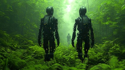 Fototapeta premium A cybernetic rainforest where biomechanical flora and fauna merge with pulsating neon foliage, 