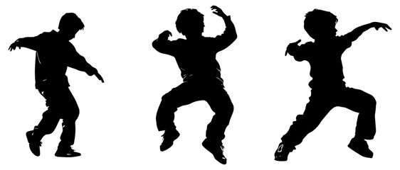 Dynamic Dancing Kids Silhouette Set, Black and White Vector Art