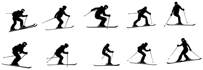 Dynamic Skiing Silhouettes of Skiers in Action on Snowy Slopes