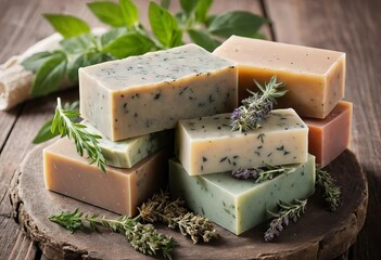 A close-up of different colorful bars of handmade soap