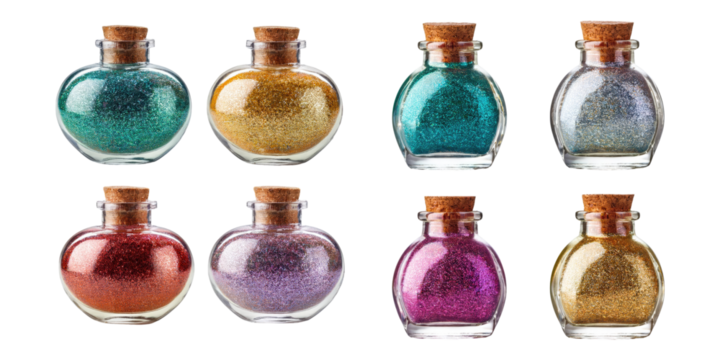 Colorful Glitter Jars on Transparent Background