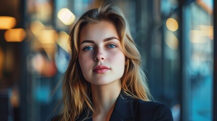 Fototapeta premium Portrait of modern businesswoman wearing suit, AI generated image
