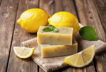 A bar of lemon scented soap on a wooden surface with slices of lemon and a bowl of water in the background