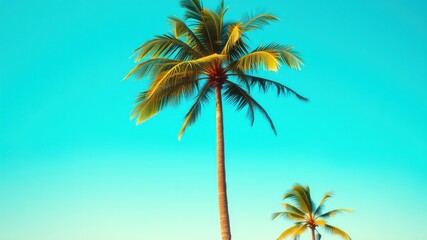 Tropical Paradise Tall Palm Tree and Smaller Palm Silhouette Against Vibrant Blue Sky