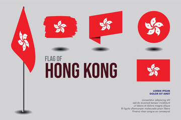 Set of hong kong flag in 5 designs: flag on pole, brush stroke, skew, round and standard. vector, flat, isolated on grey background
