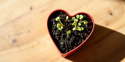 Heart-shaped planter with tiny sprouts of new life, bathed in sunlight on a wooden surface.