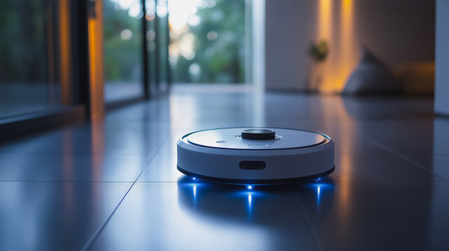 A robot vacuum cleaner is on the floor. The robot is white and has blue lights on it
