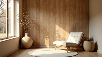 Serene Minimalist Living Room Interior Design with Natural Wood Paneling, Cream Chaise Lounge, and Dried Floral Arrangement in Earthenware Vase