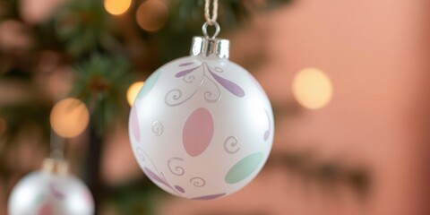 Fototapeta premium Pastel-colored Christmas bauble hanging from a tree with soft bokeh lights in the background