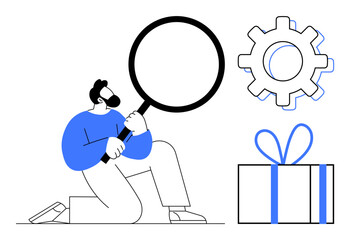 Man holding magnifying glass, large gear icon, present box with bow. Ideal for problem-solving, analysis, discovery, research, solutions investigation gift-giving. Line metaphor